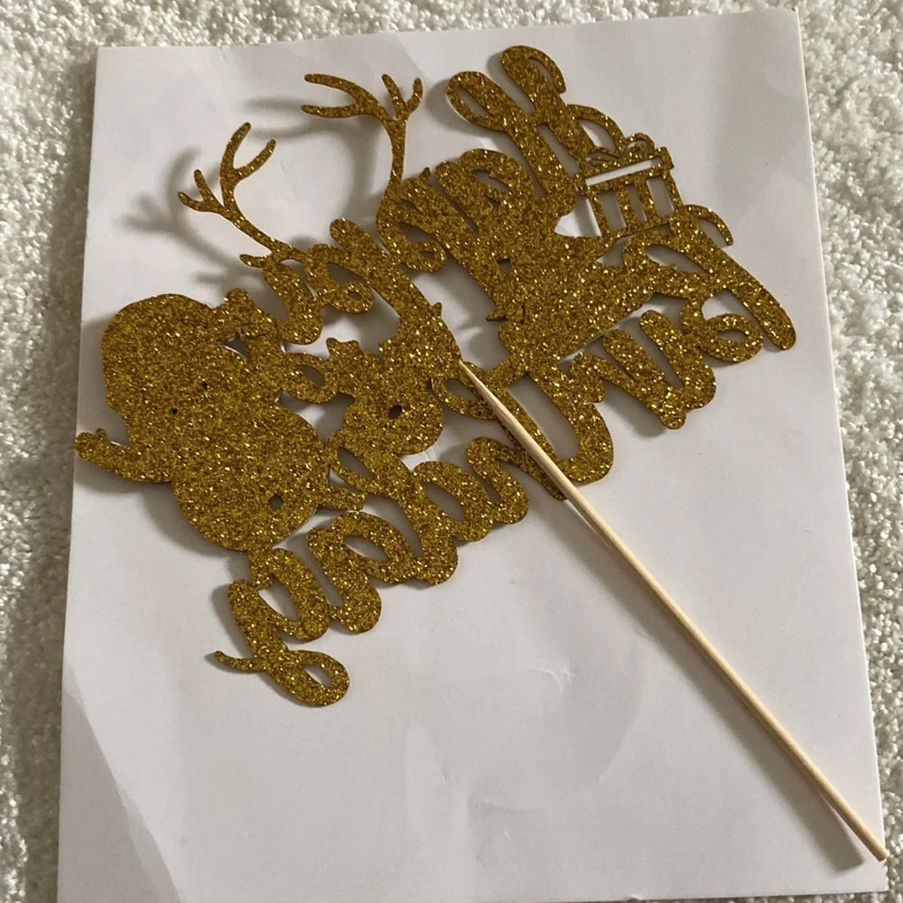 Merry Christmas Happy Birthday Santa Gold Party Cake Topper Decoration New